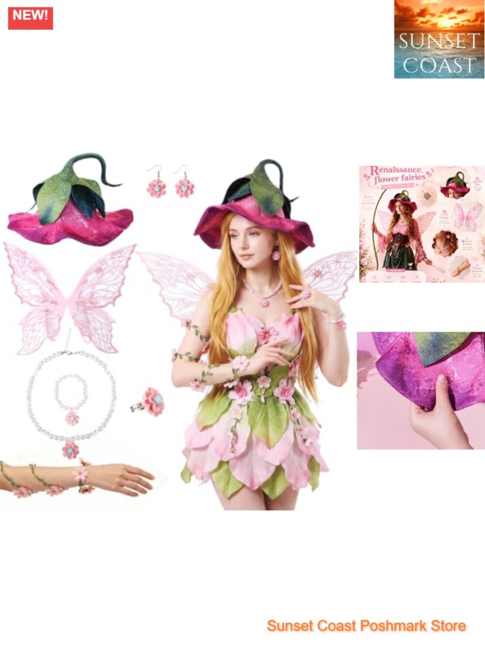 7 Pc Fairy Accessories Set Butterfly Wings Flower Hat Jewelry Adult Costume